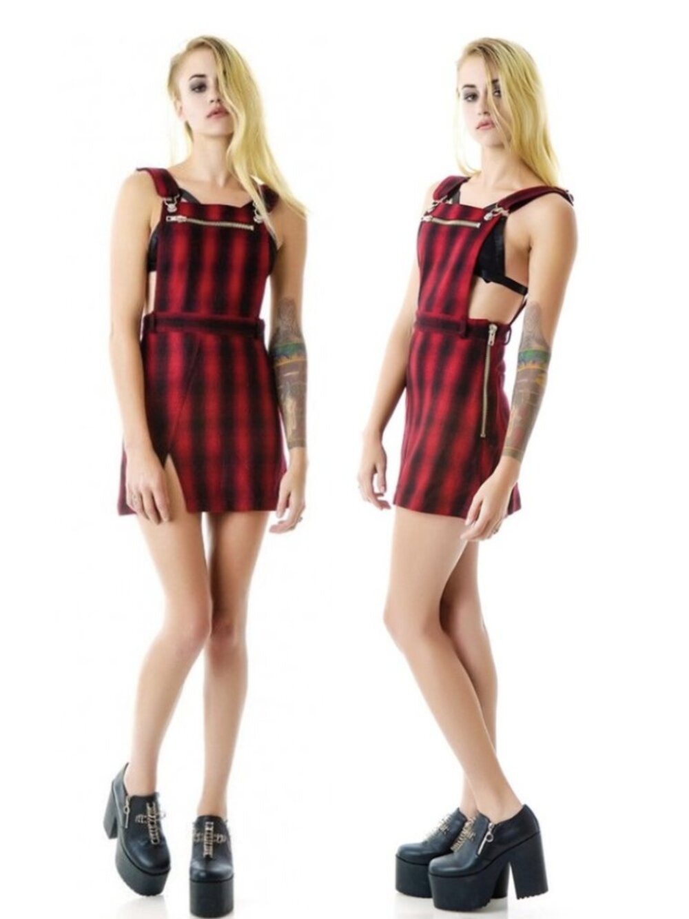 UNIF Brixton Red Plaid Wool Blend Jumper Pinafore Dress XS Punk Alt Grunge Mod